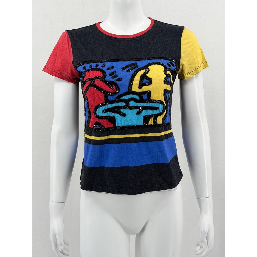 Keith Haring x Alice + Olivia Top Womens Small Rylyn Sequin Tee Graphic Colorful